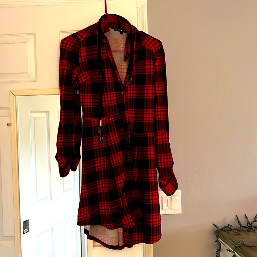 Red flannel dress with black belt